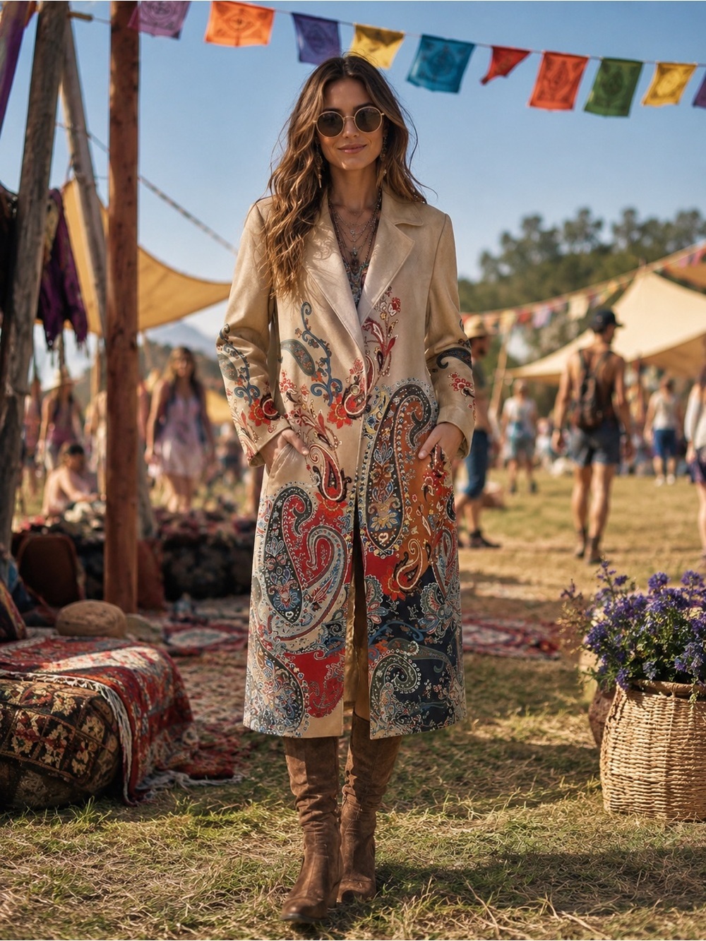 Paisley Print Faux Suede Swing Coat Duster Jacket